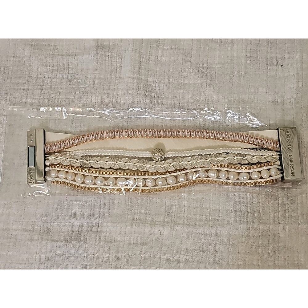 Victoria Emerson Silver Gold Ivory pink Crystals 7 Strand Magnetic Bracelet
